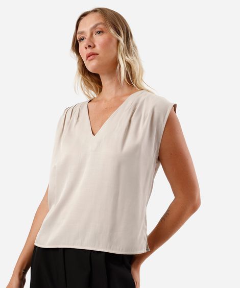 blusa feminina com viscose decote v com pregas acetinada bege