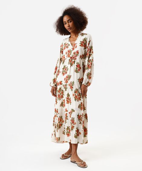 vestido midi feminino de viscose com recortes floral bege