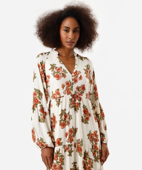 vestido midi feminino de viscose com recortes floral bege