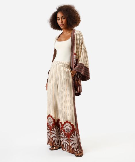 calça wide leg feminina de viscose folhagens bege