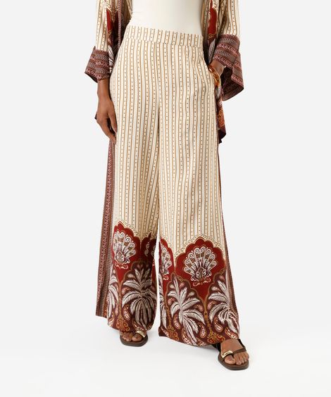 calça wide leg feminina de viscose folhagens bege