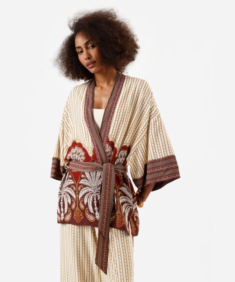 kimono feminino de viscose com amarração folhagens  bege