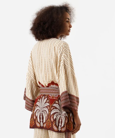 kimono feminino de viscose com amarração folhagens  bege