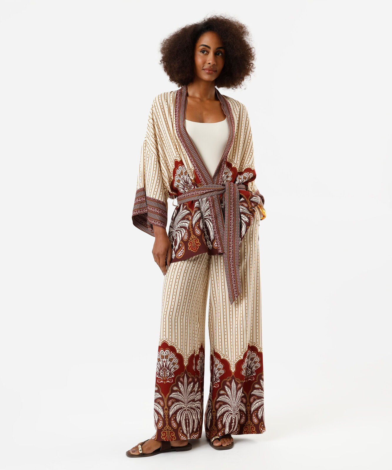 kimono feminino de viscose com amarração folhagens  bege