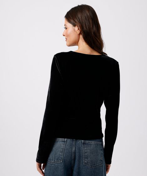 blusa feminina de veludo com renda e recortes mindset preta