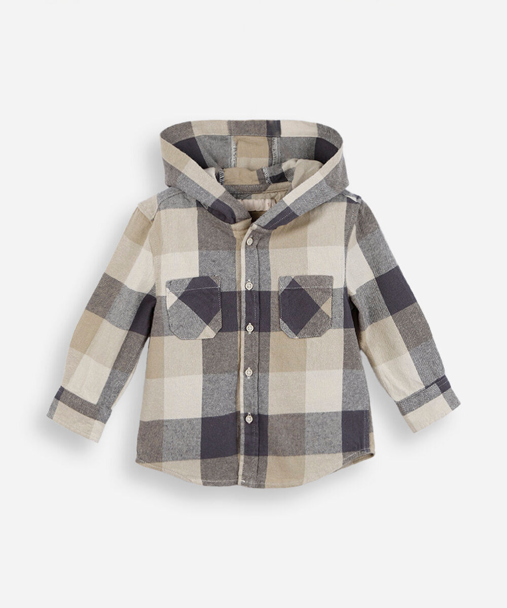 camisa infantil xadrez com capuz bege