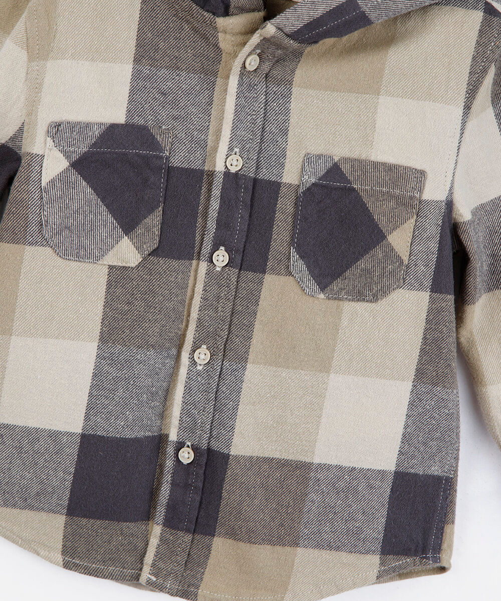 camisa infantil xadrez com capuz bege