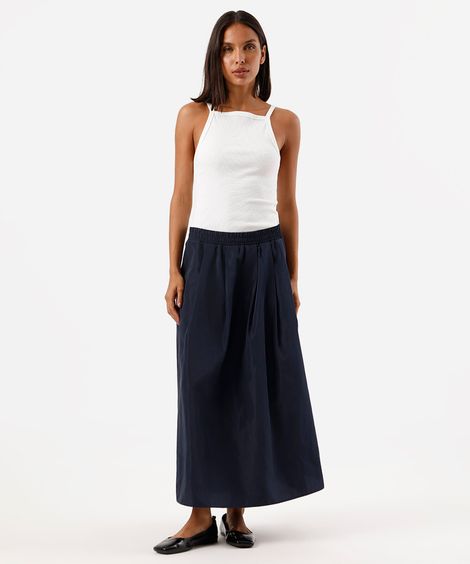 saia midi feminina evasê cós elástico acetinada azul