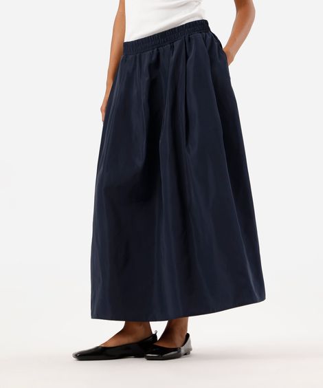 saia midi feminina evasê cós elástico acetinada azul