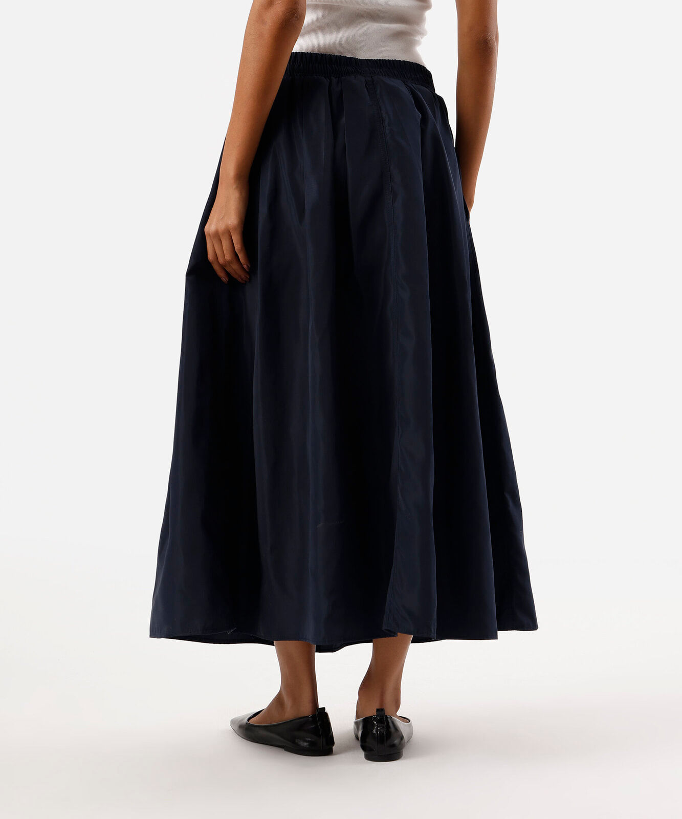 saia midi feminina evasê cós elástico acetinada azul