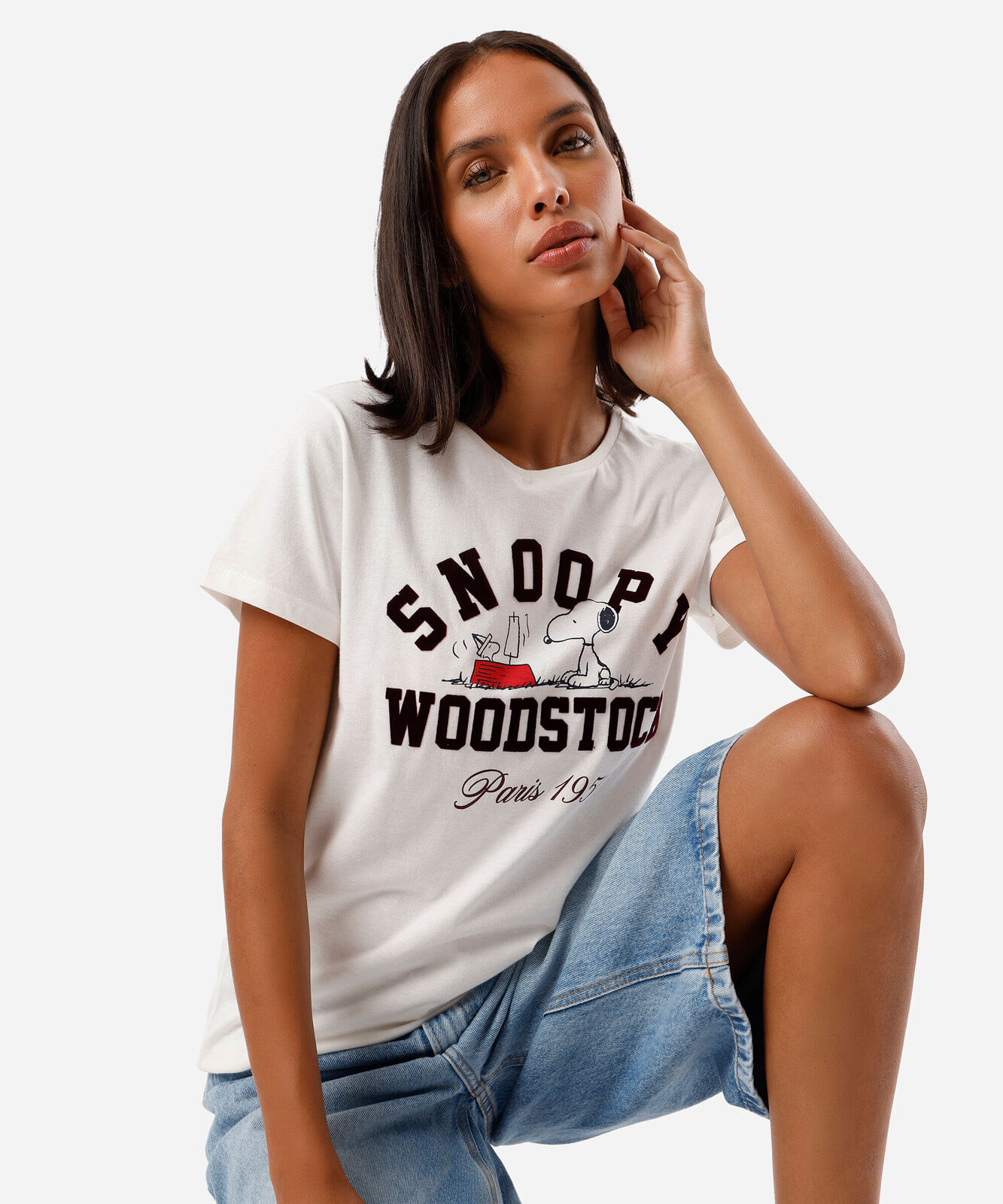 camiseta feminina de algodão manga curta snoopy off white