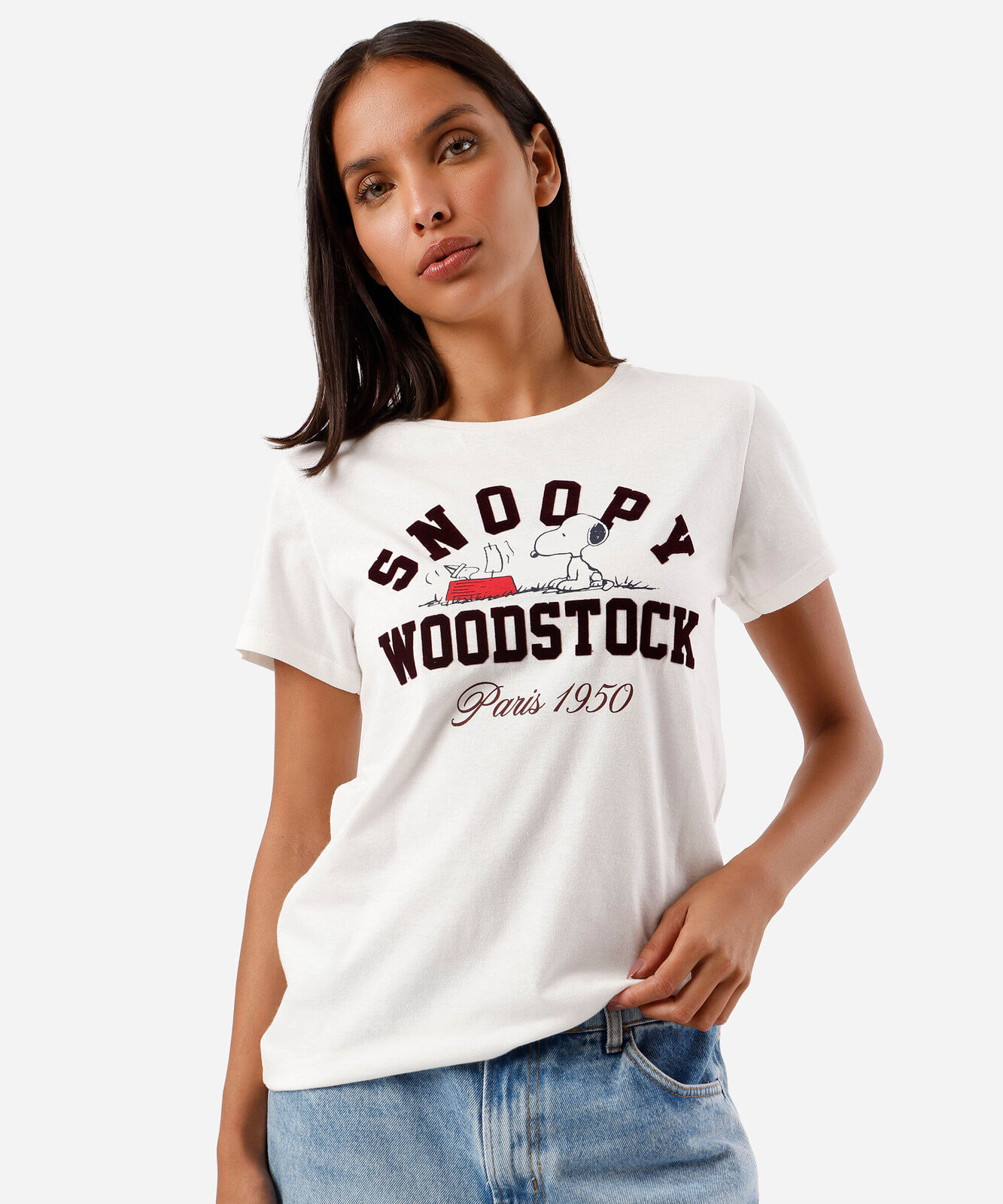 camiseta feminina de algodão manga curta snoopy off white
