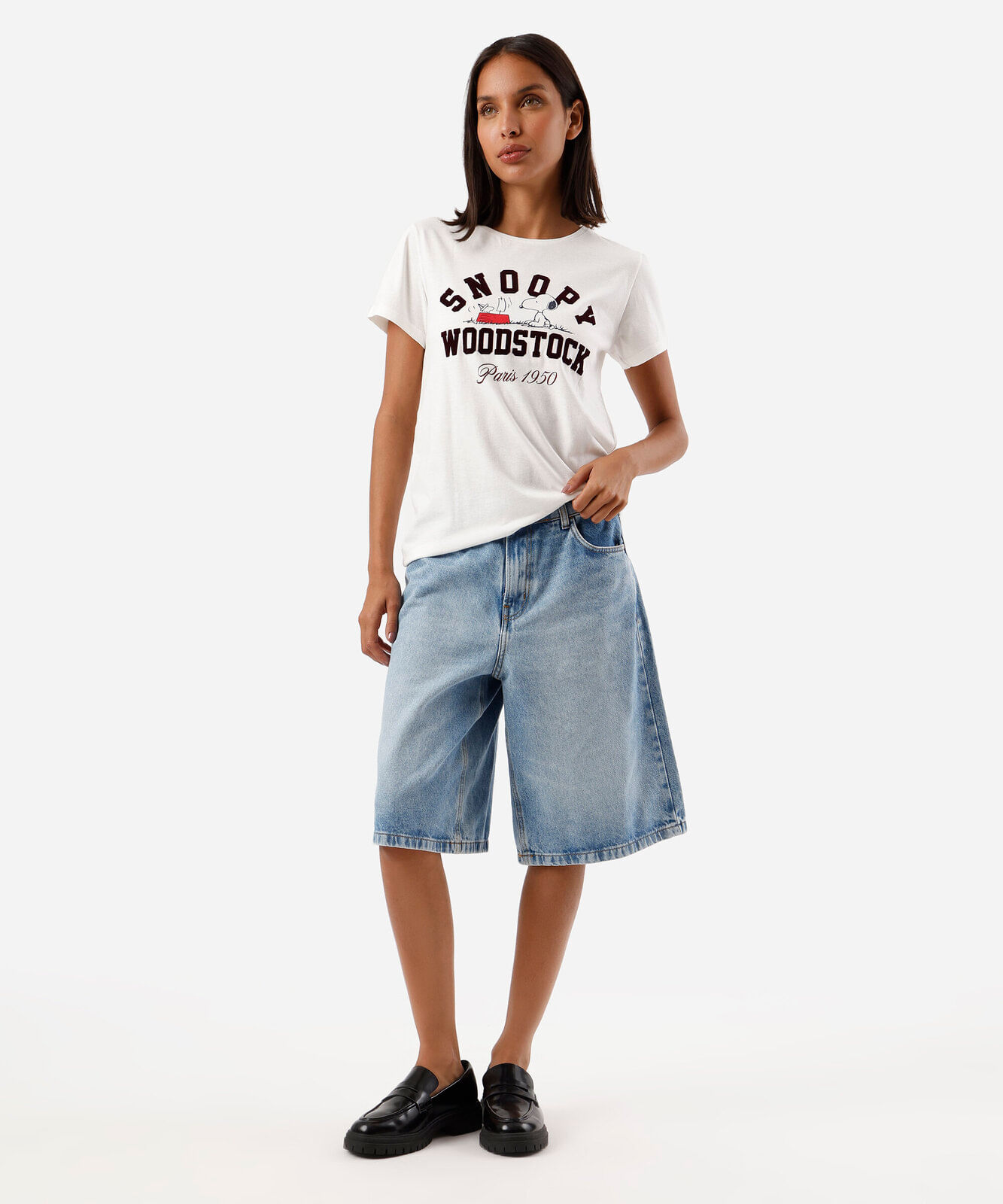 camiseta feminina de algodão manga curta snoopy off white