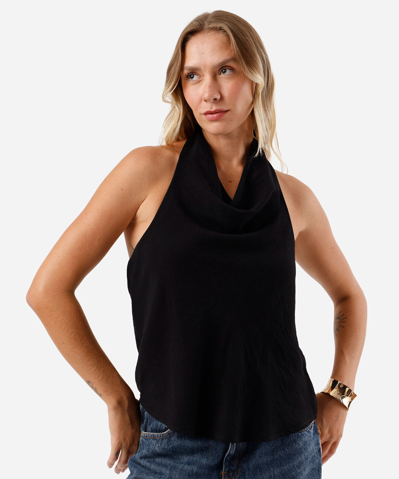 blusa frente única feminina com viscose decote degagê preta
