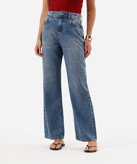calça wide leg slim feminina jeans com brilhos cintura alta azul