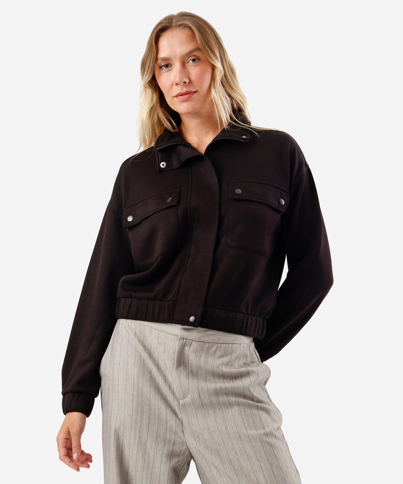 jaqueta feminina com viscose gola alta preta