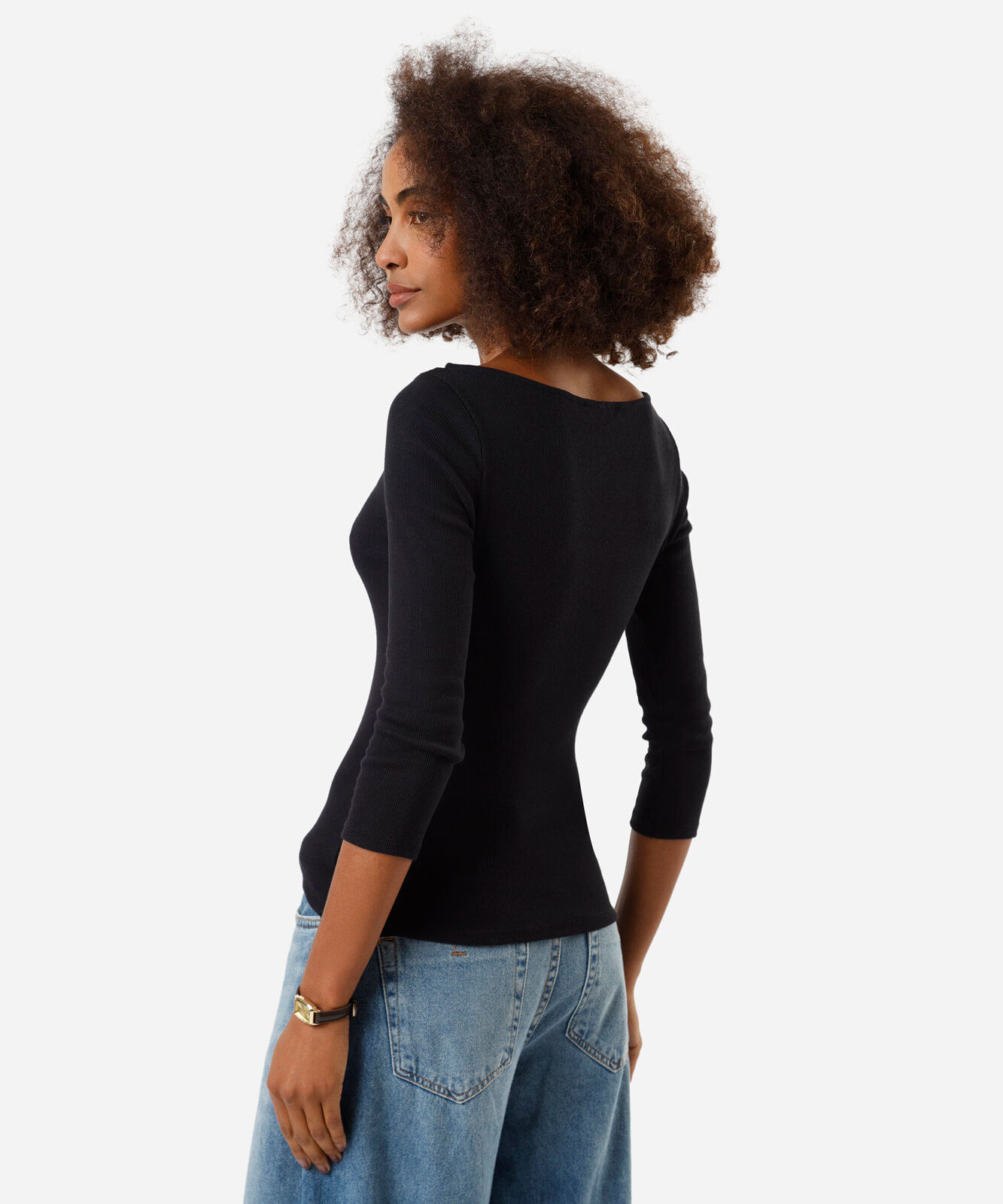 blusa feminina de algodão decote canoa canelada preta
