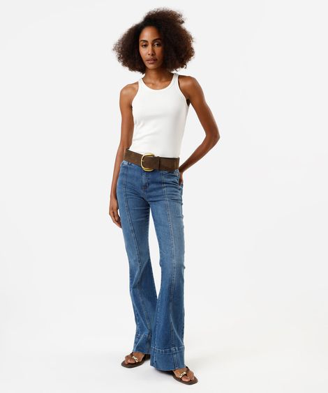 calça flare feminina jeans com recorte cintura média azul