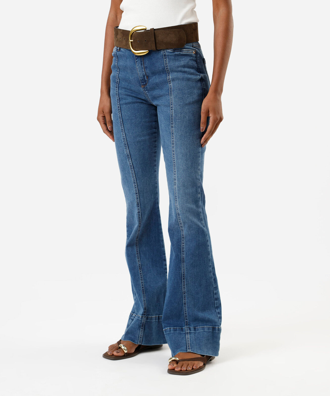calça flare feminina jeans com recorte cintura média azul