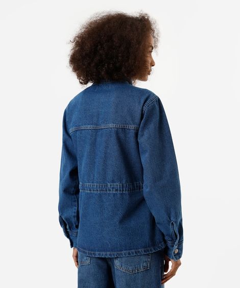 parka feminina jeans com gola funnel neck azul