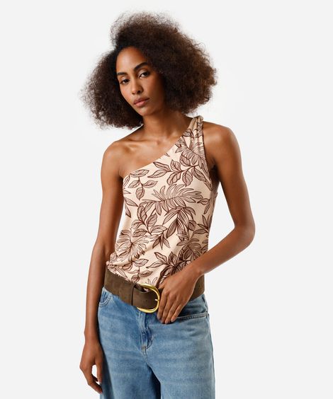 blusa ombro único feminina de viscose folhagens bege
