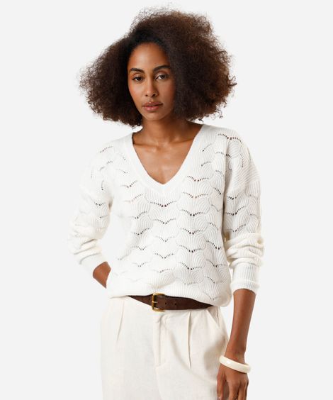 suéter feminino de tricot decote v texturizado off white