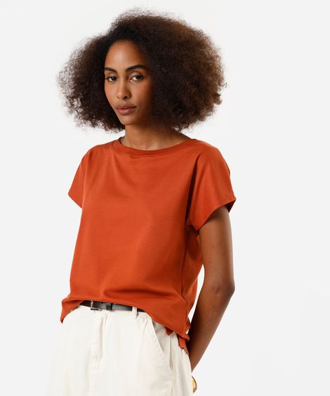 camiseta feminina de algodão peruano decote canoa manga curta laranja