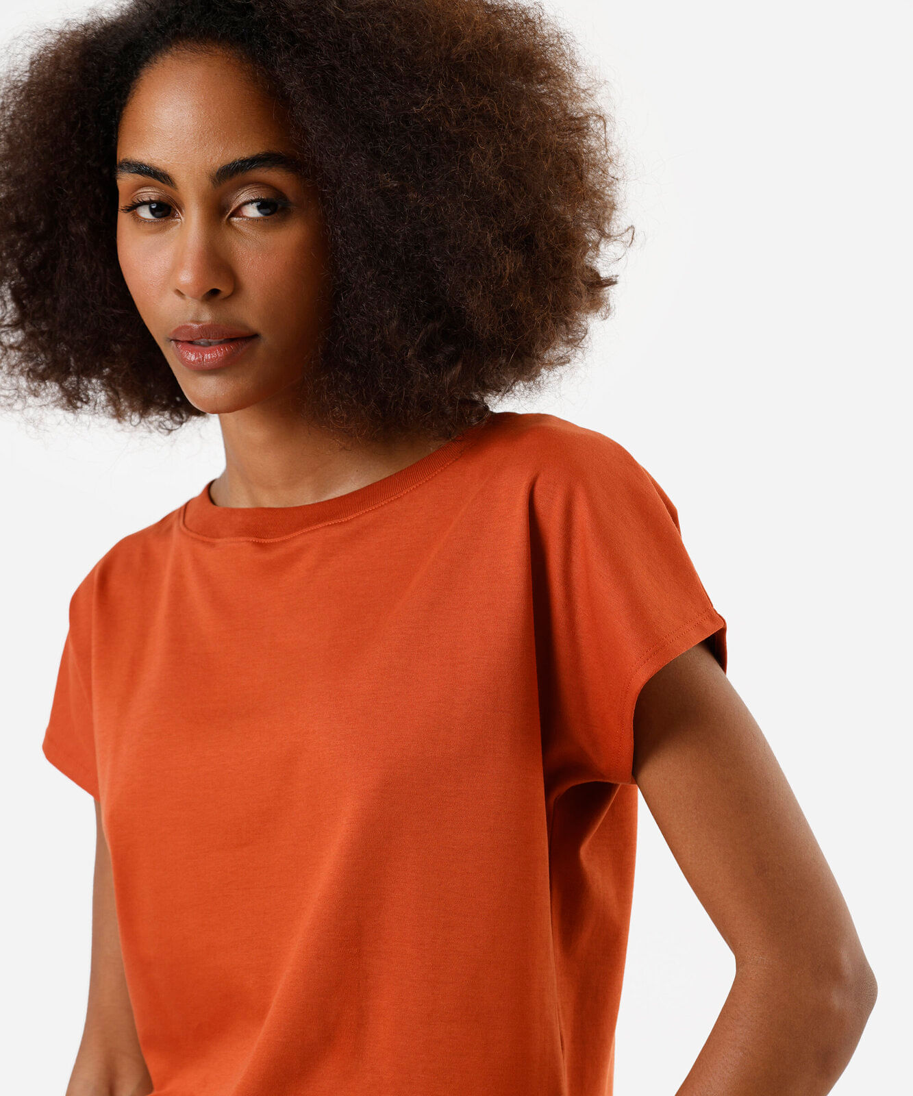 camiseta feminina de algodão peruano decote canoa manga curta laranja