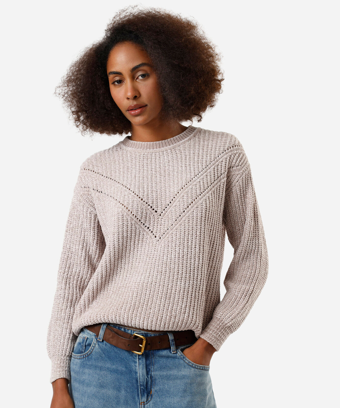 suéter feminino de tricot chenille bege