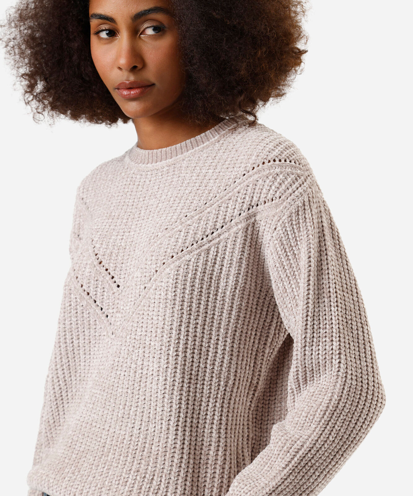 suéter feminino de tricot chenille bege