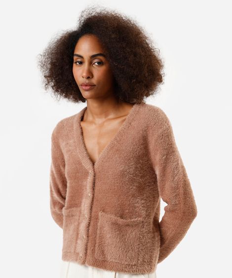 cardigan feminino de tricot com bolsos texturizado marrom