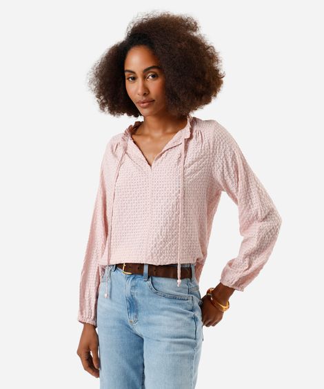 bata feminina manga longa xadrez com babado rosa
