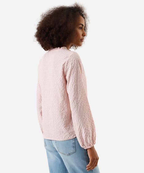 bata feminina manga longa xadrez com babado rosa
