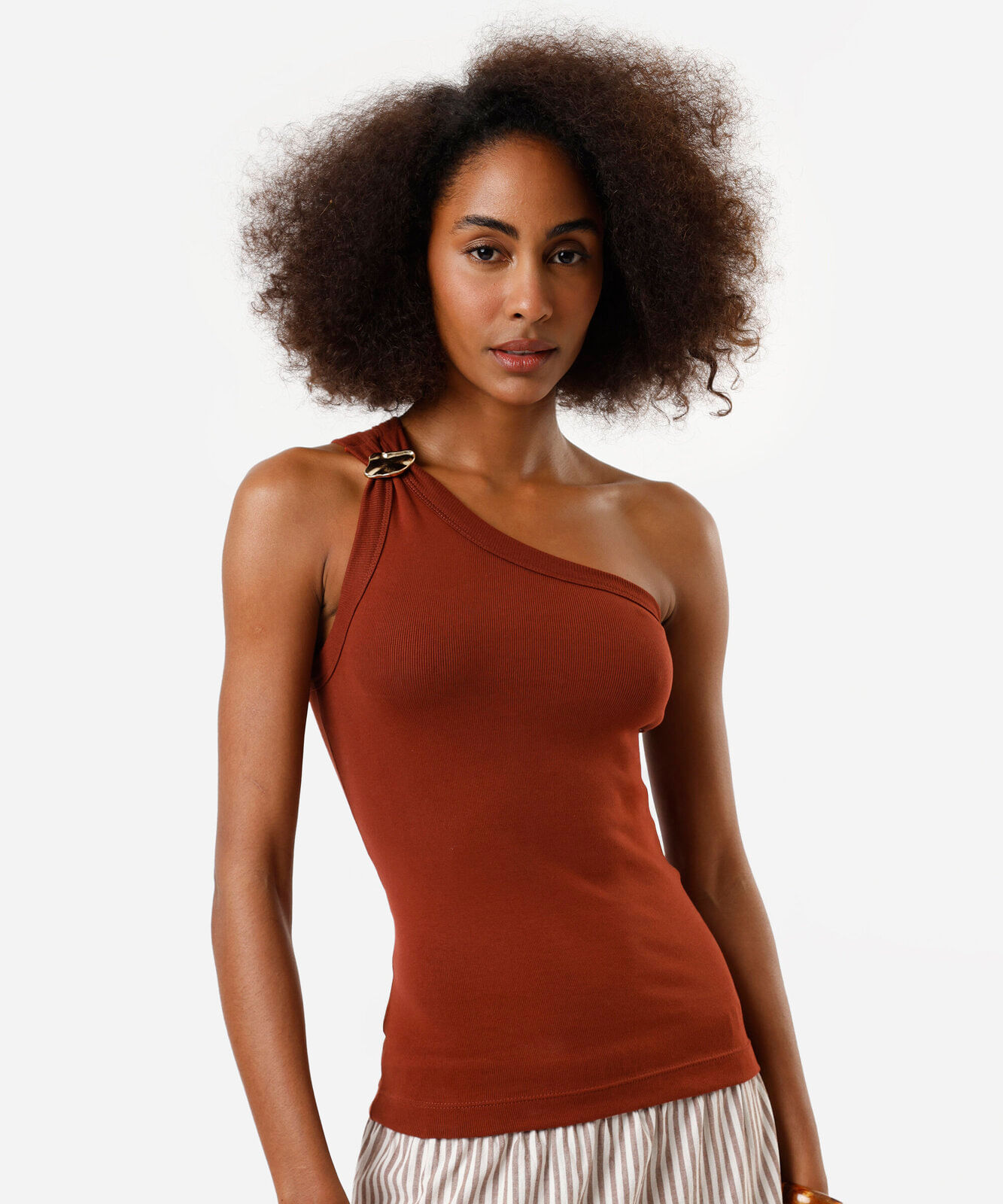 blusa ombro único feminina de algodão com fivela laranja