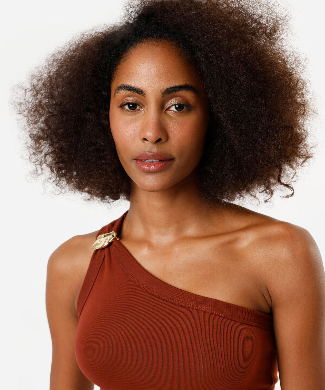 blusa ombro único feminina de algodão com fivela laranja