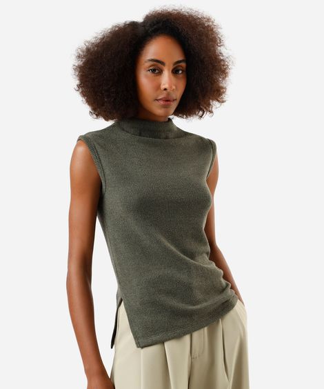 blusa feminina de tricot com fendas canelado verde