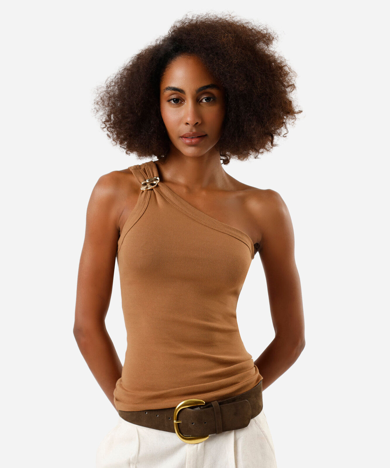 blusa ombro único feminina de algodão com fivela marrom