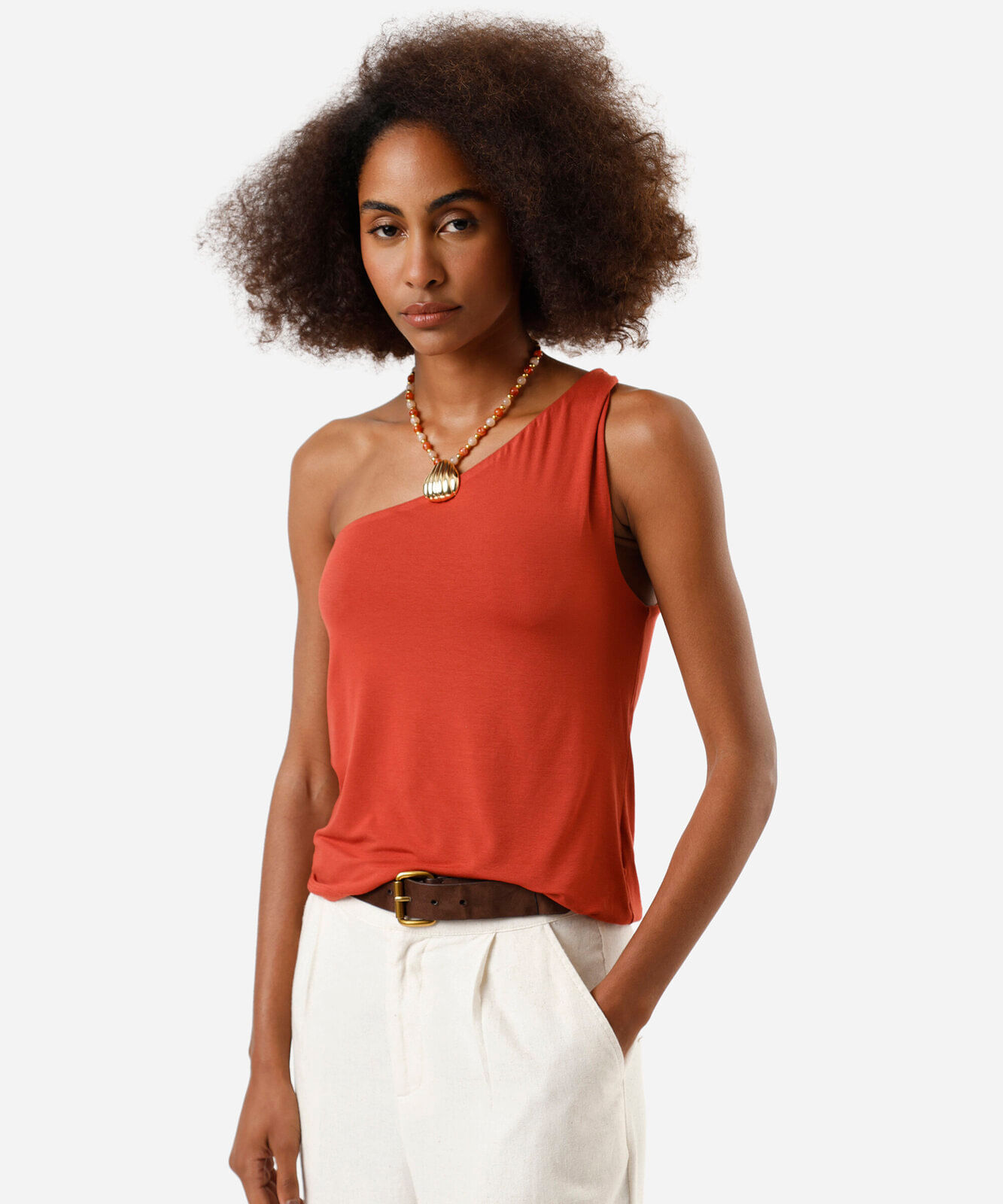 blusa ombro único feminina de viscose laranja