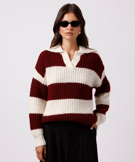 polo oversized feminina de tricot listrada mindset vermelha