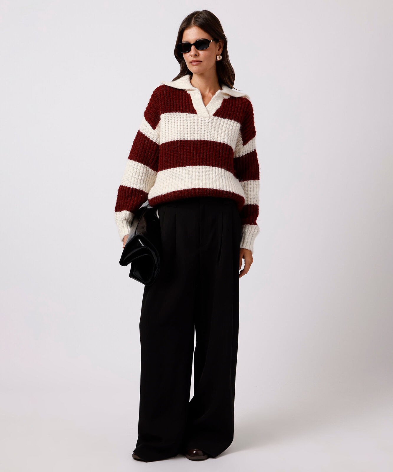 polo oversized feminina de tricot listrada mindset vermelha