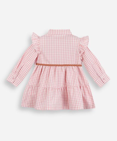 vestido infantil manga longa com babado e cinto xadrez rosa