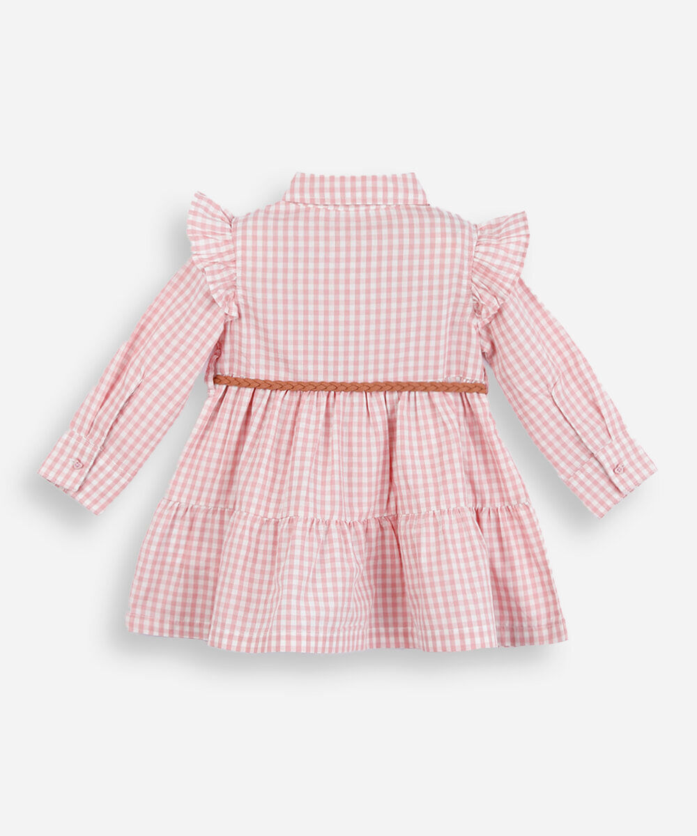 vestido infantil manga longa com babado e cinto xadrez rosa
