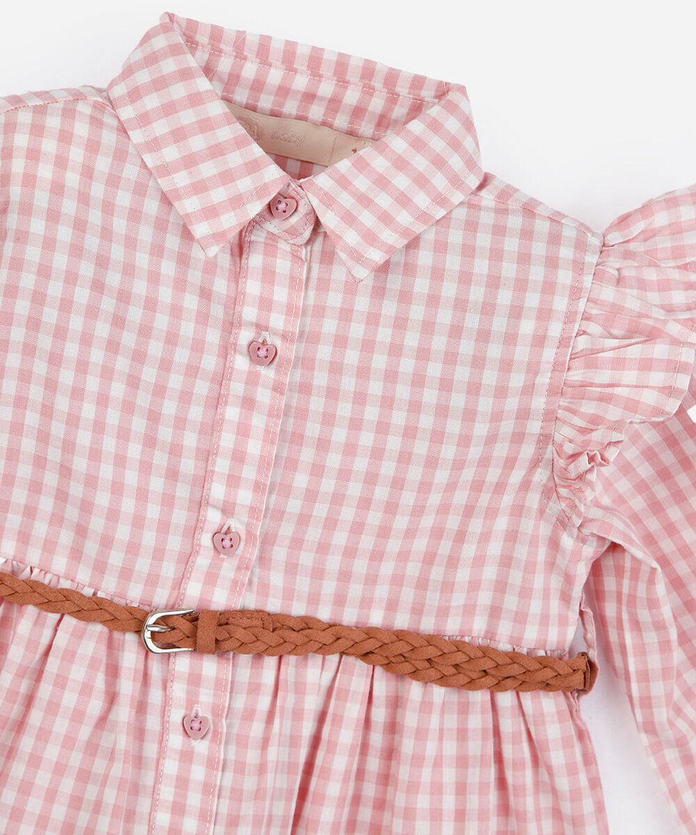 vestido infantil manga longa com babado e cinto xadrez rosa