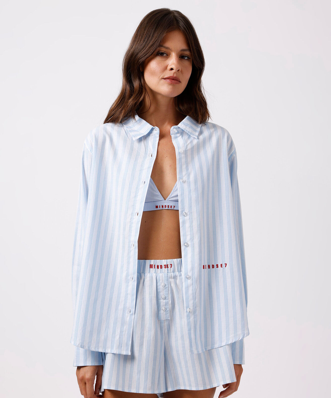 camisa de pijama avulsa feminina de algodão listrada mindset azul
