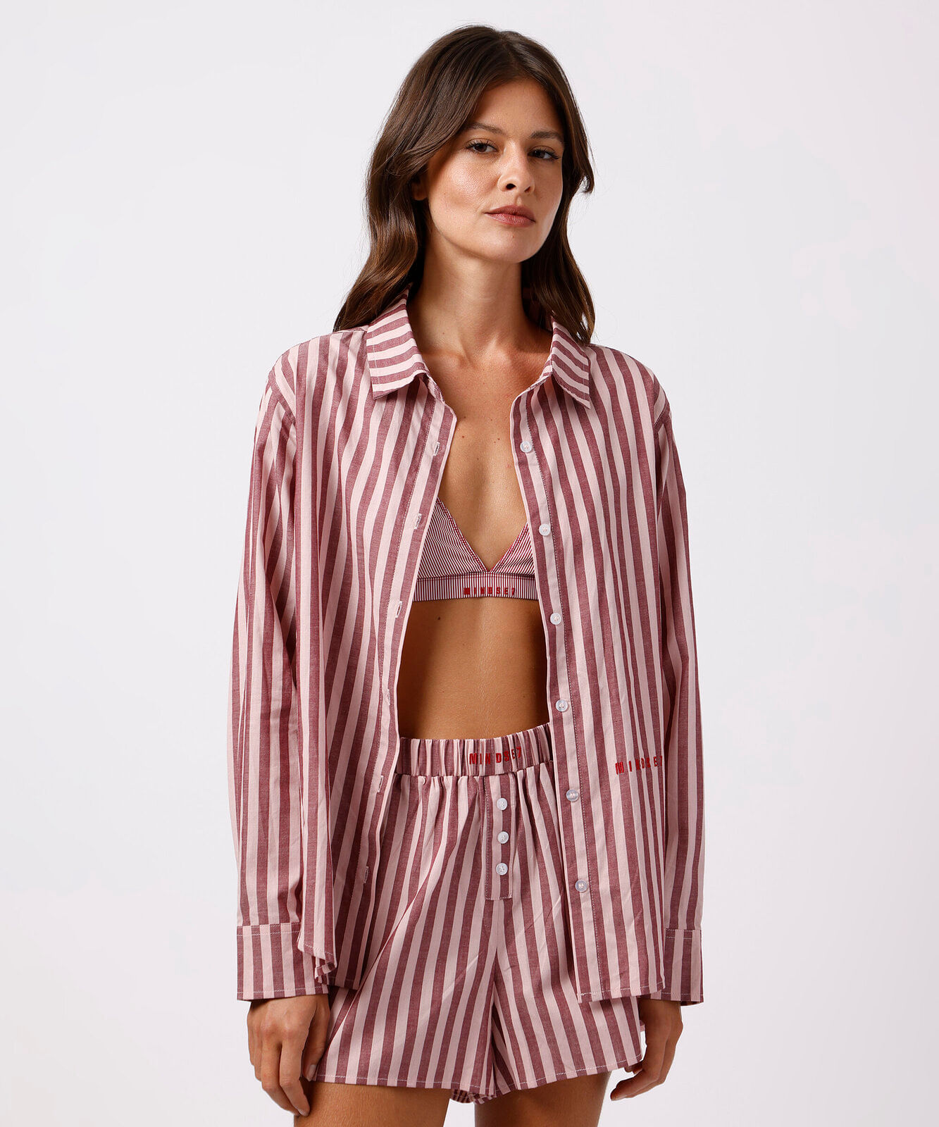 camisa de pijama avulsa feminina de algodão listrada mindset vinho