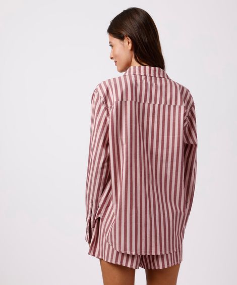 camisa de pijama avulsa feminina de algodão listrada mindset vinho