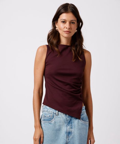 blusa feminina com viscose e fenda franzida mindset vinho