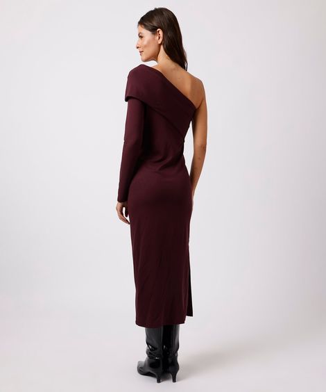 vestido midi ombro único feminino com viscose manga longa mindset vinho