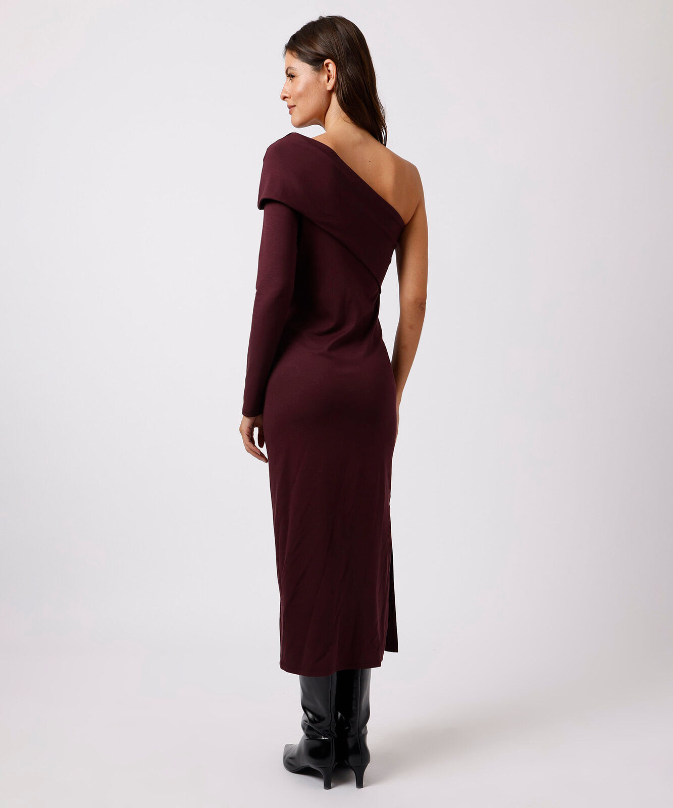 vestido midi ombro único feminino com viscose manga longa mindset vinho
