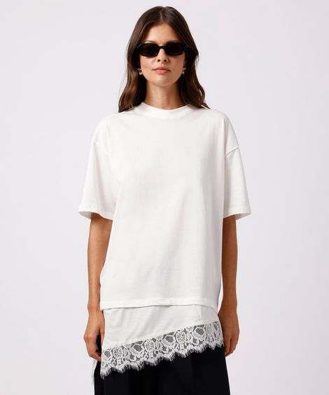 camiseta alongada feminina de algodão com renda mindset off white